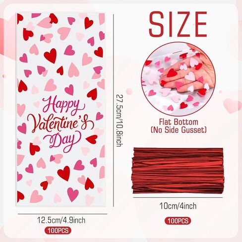 FYSUIMU 100 Pcs Happy Valentine's Day Cellophane Treat Bags Clear Candy Goodie Bags Red Pink Heart Plastic Gift Bag with Twist Ties for Wedding Anniversary Snack Cookie Party Favor in Saudi Arabia