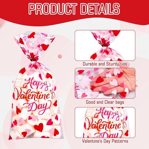 FYSUIMU 100 Pcs Happy Valentine's Day Cellophane Treat Bags Clear Candy Goodie Bags Red Pink Heart Plastic Gift Bag with Twist Ties for Wedding Anniversary Snack Cookie Party Favor in Saudi Arabia