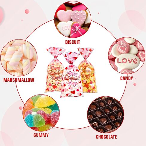 FYSUIMU 100 Pcs Happy Valentine's Day Cellophane Treat Bags Clear Candy Goodie Bags Red Pink Heart Plastic Gift Bag with Twist Ties for Wedding Anniversary Snack Cookie Party Favor in Saudi Arabia
