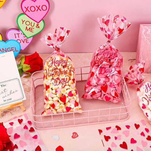 FYSUIMU 100 Pcs Happy Valentine's Day Cellophane Treat Bags Clear Candy Goodie Bags Red Pink Heart Plastic Gift Bag with Twist Ties for Wedding Anniversary Snack Cookie Party Favor in Saudi Arabia