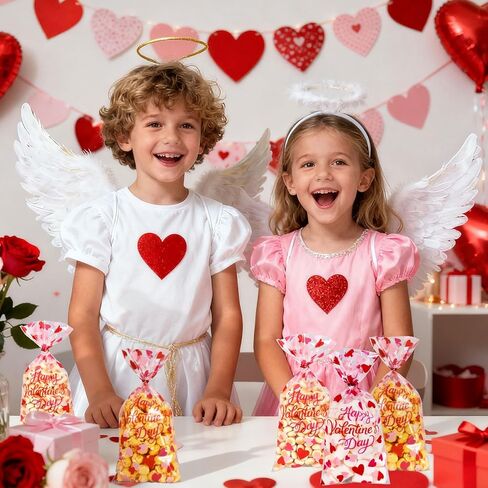 FYSUIMU 100 Pcs Happy Valentine's Day Cellophane Treat Bags Clear Candy Goodie Bags Red Pink Heart Plastic Gift Bag with Twist Ties for Wedding Anniversary Snack Cookie Party Favor in Saudi Arabia