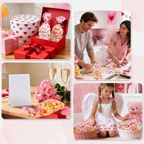 FYSUIMU 100 Pcs Happy Valentine's Day Cellophane Treat Bags Clear Candy Goodie Bags Red Pink Heart Plastic Gift Bag with Twist Ties for Wedding Anniversary Snack Cookie Party Favor in Saudi Arabia