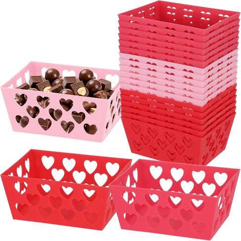 18 Pcs Pink Red Valentine's Day Baskets, 5.51 x 4.33 x 2.44 Small Heart Hollowed Plastic Food Fruit Bread Valentine Baskets Bulk Empty Love Gift Container Storage Bins for Valentine's Day Party Favor in Kuwait