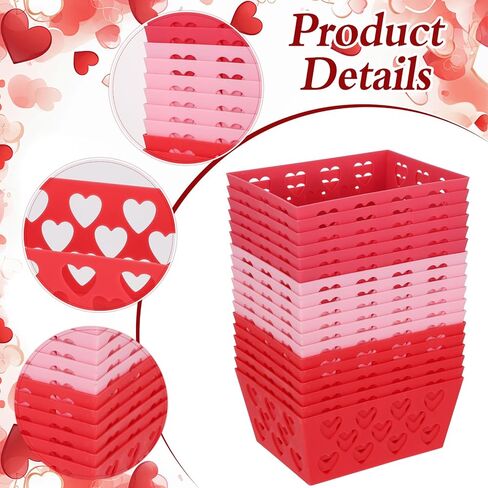 18 Pcs Pink Red Valentine's Day Baskets, 5.51 x 4.33 x 2.44 Small Heart Hollowed Plastic Food Fruit Bread Valentine Baskets Bulk Empty Love Gift Container Storage Bins for Valentine's Day Party Favor in Kuwait