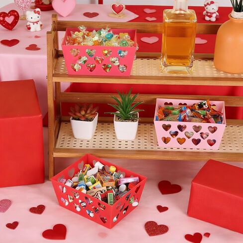 18 Pcs Pink Red Valentine's Day Baskets, 5.51 x 4.33 x 2.44 Small Heart Hollowed Plastic Food Fruit Bread Valentine Baskets Bulk Empty Love Gift Container Storage Bins for Valentine's Day Party Favor in Kuwait
