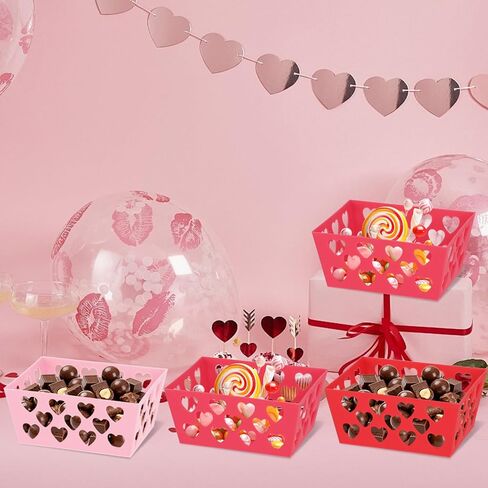 18 Pcs Pink Red Valentine's Day Baskets, 5.51 x 4.33 x 2.44 Small Heart Hollowed Plastic Food Fruit Bread Valentine Baskets Bulk Empty Love Gift Container Storage Bins for Valentine's Day Party Favor in Kuwait
