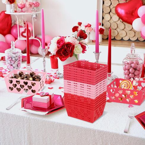 18 Pcs Pink Red Valentine's Day Baskets, 5.51 x 4.33 x 2.44 Small Heart Hollowed Plastic Food Fruit Bread Valentine Baskets Bulk Empty Love Gift Container Storage Bins for Valentine's Day Party Favor in Kuwait