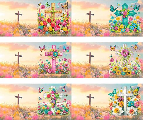 pigpigboss 6 Packs Religion Cross Diamond Painting Greeting Cards, Cross Sheep Diamond Art Greeting Crads with Envelope, Butterfly Flower Birthday Card Kit for Adult Holiday Blessing in Saudi Arabia