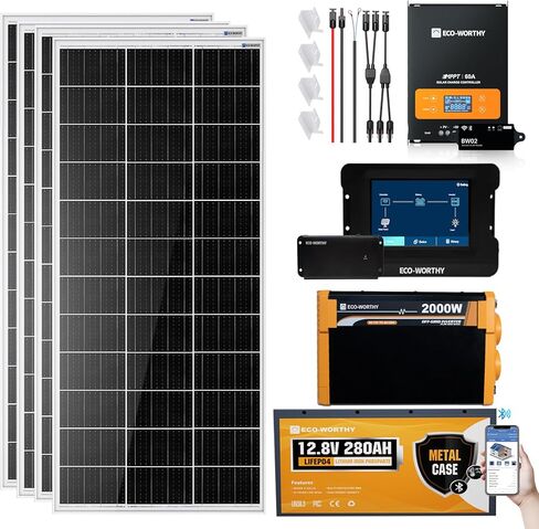 ECO-WORTHY 7.168KWH 800W Solar Panel Kit for RV Off Grid Complete System with 4PCS HPBC 200W Solar Panels, 3000W UPS Inverter Charger, 2PC 12.8V 280AH Lithium Batteries, 60A MPPT Controller Bluetooth in Saudi Arabia