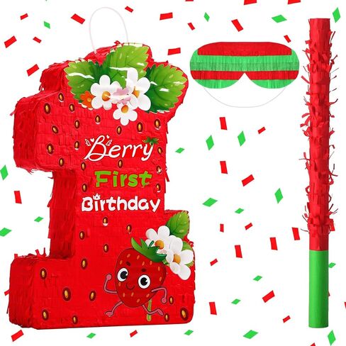 Soulchen Berry أول عيد ميلاد Piñata ديكورات حفلات الفراولة موضوع Piñata الأول مع قناع العين وعصا الضرب والقصاصات للفتيات والأولاد والبنات والأولاد لوازم حفلات استحمام الطفل in Kuwait