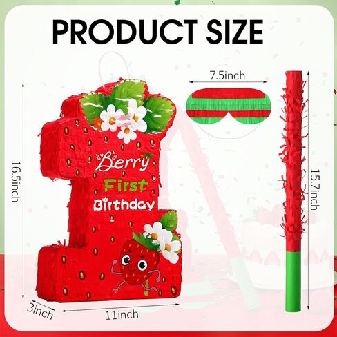 Soulchen Berry أول عيد ميلاد Piñata ديكورات حفلات الفراولة موضوع Piñata الأول مع قناع العين وعصا الضرب والقصاصات للفتيات والأولاد والبنات والأولاد لوازم حفلات استحمام الطفل in Kuwait