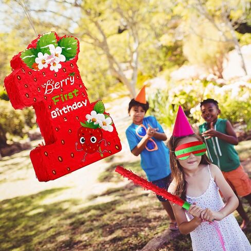 Soulchen Berry أول عيد ميلاد Piñata ديكورات حفلات الفراولة موضوع Piñata الأول مع قناع العين وعصا الضرب والقصاصات للفتيات والأولاد والبنات والأولاد لوازم حفلات استحمام الطفل in Kuwait