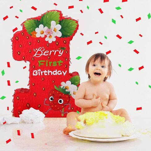 Soulchen Berry أول عيد ميلاد Piñata ديكورات حفلات الفراولة موضوع Piñata الأول مع قناع العين وعصا الضرب والقصاصات للفتيات والأولاد والبنات والأولاد لوازم حفلات استحمام الطفل in Kuwait