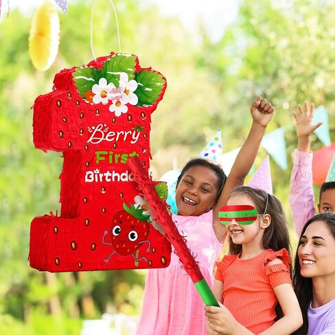 Soulchen Berry أول عيد ميلاد Piñata ديكورات حفلات الفراولة موضوع Piñata الأول مع قناع العين وعصا الضرب والقصاصات للفتيات والأولاد والبنات والأولاد لوازم حفلات استحمام الطفل in Kuwait