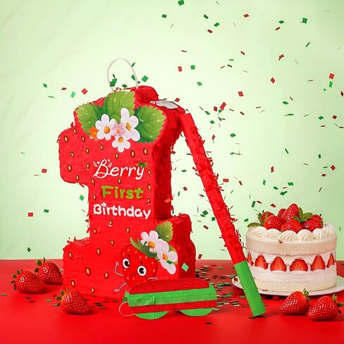Soulchen Berry أول عيد ميلاد Piñata ديكورات حفلات الفراولة موضوع Piñata الأول مع قناع العين وعصا الضرب والقصاصات للفتيات والأولاد والبنات والأولاد لوازم حفلات استحمام الطفل in Kuwait