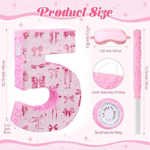 16 Inch Pink Bow Piñata Pink Bow Birthday Decorations with Bat Blindfold Confetti and Beating Stick for Girls Piñata Coquette Theme Party Anniversary Celebration Supplies(Number 5) in Saudi Arabia