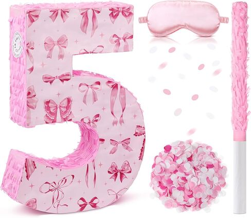 16 Inch Pink Bow Piñata Pink Bow Birthday Decorations with Bat Blindfold Confetti and Beating Stick for Girls Piñata Coquette Theme Party Anniversary Celebration Supplies(Number 5) in Saudi Arabia