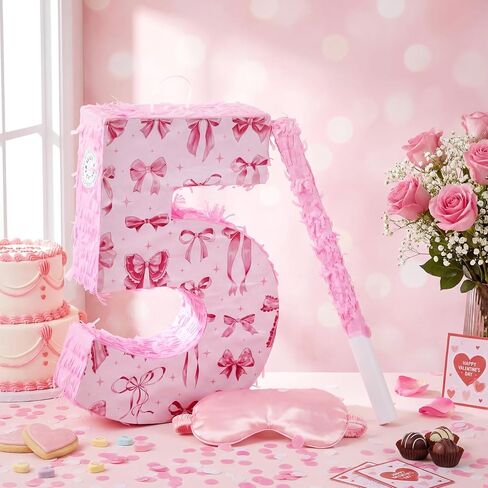 16 Inch Pink Bow Piñata Pink Bow Birthday Decorations with Bat Blindfold Confetti and Beating Stick for Girls Piñata Coquette Theme Party Anniversary Celebration Supplies(Number 5) in Saudi Arabia