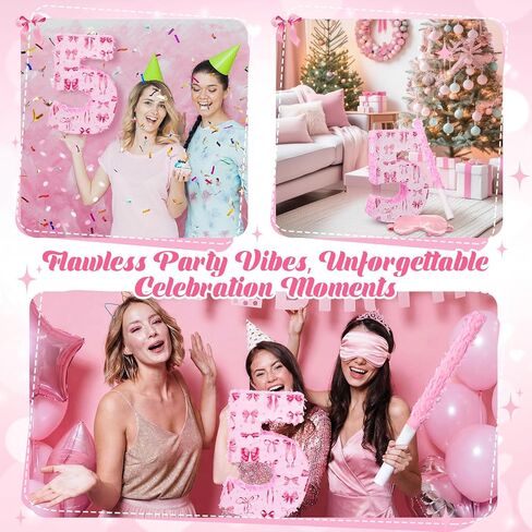 16 Inch Pink Bow Piñata Pink Bow Birthday Decorations with Bat Blindfold Confetti and Beating Stick for Girls Piñata Coquette Theme Party Anniversary Celebration Supplies(Number 5) in Saudi Arabia