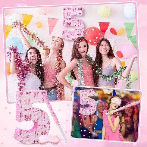 16 Inch Pink Bow Piñata Pink Bow Birthday Decorations with Bat Blindfold Confetti and Beating Stick for Girls Piñata Coquette Theme Party Anniversary Celebration Supplies(Number 5) in Saudi Arabia