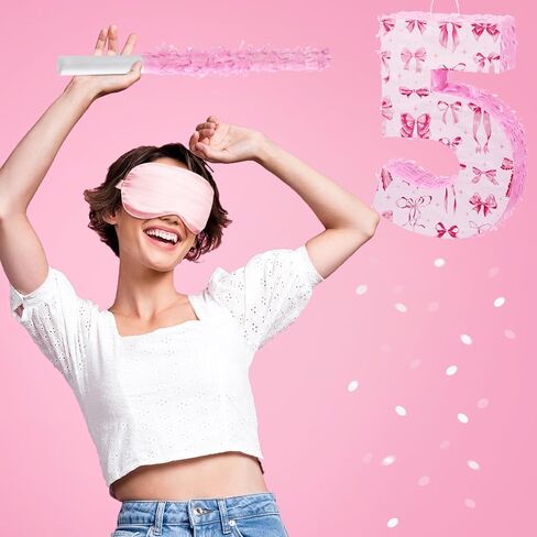 16 Inch Pink Bow Piñata Pink Bow Birthday Decorations with Bat Blindfold Confetti and Beating Stick for Girls Piñata Coquette Theme Party Anniversary Celebration Supplies(Number 5) in Saudi Arabia
