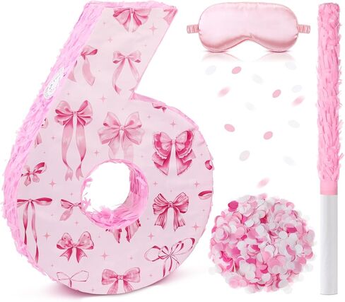 16 Inch Pink Bow Piñata Pink Bow Birthday Decorations with Bat Blindfold Confetti and Beating Stick for Girls Piñata Coquette Theme Party Anniversary Celebration Supplies(Number 5) in Saudi Arabia