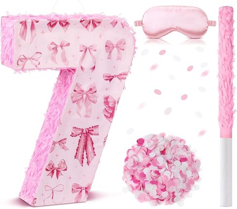 16 Inch Pink Bow Piñata Pink Bow Birthday Decorations with Bat Blindfold Confetti and Beating Stick for Girls Piñata Coquette Theme Party Anniversary Celebration Supplies(Number 5) in Saudi Arabia
