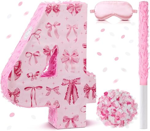 16 Inch Pink Bow Piñata Pink Bow Birthday Decorations with Bat Blindfold Confetti and Beating Stick for Girls Piñata Coquette Theme Party Anniversary Celebration Supplies(Number 5) in Saudi Arabia