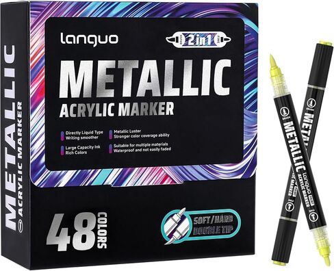 Metallic Acrylic Paint Markers, 48 Colors Dual Tip Acrylic Metallic Markers Set (Brush & Fine), Glitter Paint Pens for Black Paper, Rock Painting, Glass, Wood, Ceramic, DIY Arts and Crafts in Saudi Arabia