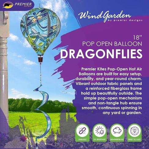 Premier Kites 18 "Pop-Open Hot Air Balloon Dragonflies - نسيج أكسفورد متين، إطار من الألياف الزجاجية المعززة، مجموعة قفل سهلة، محور عالي التحمل غير متشابك، زخرفة دوارة للرياح في الهواء الطلق in Saudi Arabia