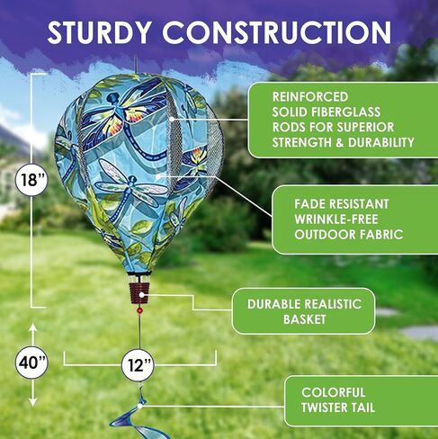 Premier Kites 18 "Pop-Open Hot Air Balloon Dragonflies - نسيج أكسفورد متين، إطار من الألياف الزجاجية المعززة، مجموعة قفل سهلة، محور عالي التحمل غير متشابك، زخرفة دوارة للرياح في الهواء الطلق in Saudi Arabia