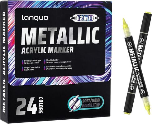 Metallic Acrylic Paint Markers, 48 Colors Dual Tip Acrylic Metallic Markers Set (Brush & Fine), Glitter Paint Pens for Black Paper, Rock Painting, Glass, Wood, Ceramic, DIY Arts and Crafts in Saudi Arabia