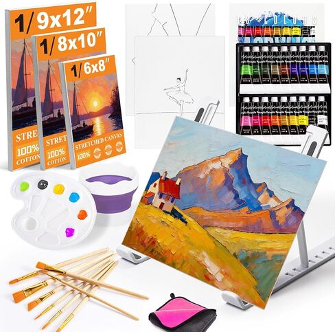 Acrylic Paint Set with 18 Acrylic Paints, 8 Brushes, Tabletop Easel,Stretched Canvas & Panels, Art Supplies Painting Kit for Kids, Beginner & Adults. in Saudi Arabia
