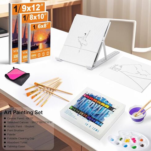 Acrylic Paint Set with 18 Acrylic Paints, 8 Brushes, Tabletop Easel,Stretched Canvas & Panels, Art Supplies Painting Kit for Kids, Beginner & Adults. in Saudi Arabia