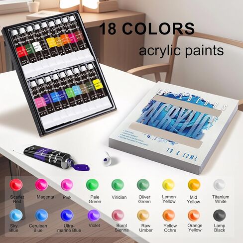 Acrylic Paint Set with 18 Acrylic Paints, 8 Brushes, Tabletop Easel,Stretched Canvas & Panels, Art Supplies Painting Kit for Kids, Beginner & Adults. in Saudi Arabia