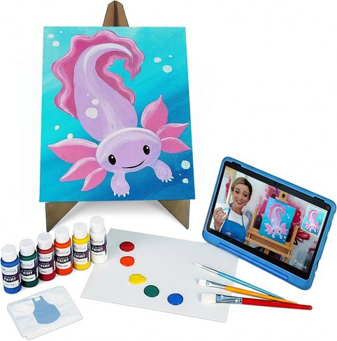 Painting to Gogh - Adorable Axolotl– Junior Artist Painting Kit – Ages 6+– 11x14 Canvas, 3 Paint Brushes, Acrylic Paint, Cardboard Easel, Palette, Apron & Step-by-Step Tutorial for Kids in Saudi Arabia