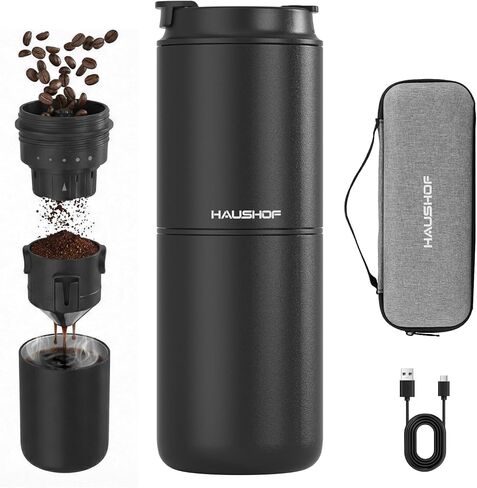 HAUSHOF Portable Coffee Maker, Travel Coffee Maker Battery Operated Small Pour Over Set, Compact Coffee Maker with Electric Grinder & Insulated Mug for Travel, Camping, Car in Saudi Arabia