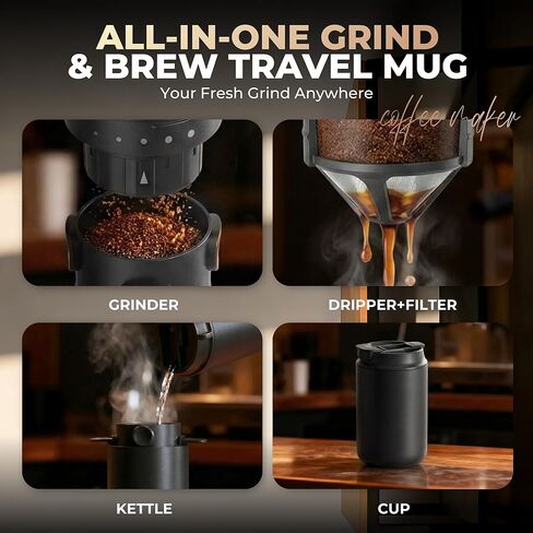HAUSHOF Portable Coffee Maker, Travel Coffee Maker Battery Operated Small Pour Over Set, Compact Coffee Maker with Electric Grinder & Insulated Mug for Travel, Camping, Car in Saudi Arabia