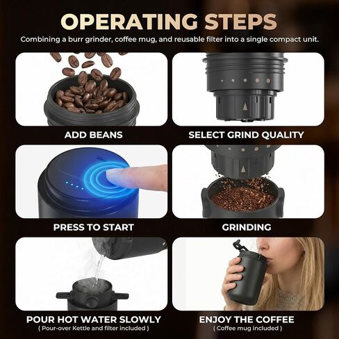 HAUSHOF Portable Coffee Maker, Travel Coffee Maker Battery Operated Small Pour Over Set, Compact Coffee Maker with Electric Grinder & Insulated Mug for Travel, Camping, Car in Saudi Arabia