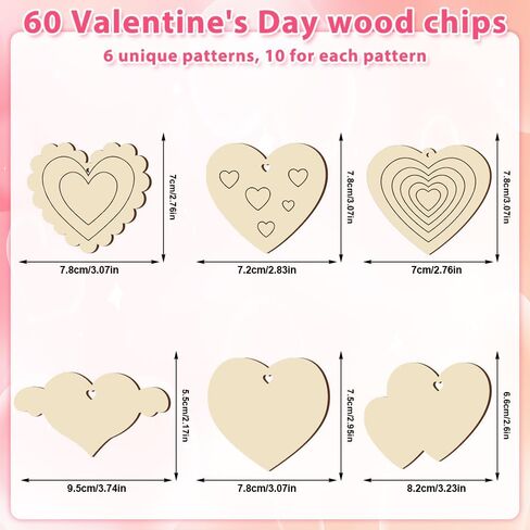 60 PCS Unfinished Wooden Hearts for Crafts,Valentine's Day Ornaments Hanging Decorations, Unfinished Wood Heart Painting Craft Kit, DIY Valentines Crafts for Classroom Party Activities in Saudi Arabia
