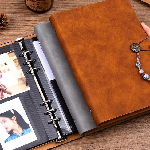 ألبوم صور DIY، سجل قصاصات من الجلد البني مكون من 60 صفحة مع صفحات سوداء، يحمل 180 صورة مقاس 3 بوصات، ويتضمن مجموعة من 6 ملصقات زخرفية (23 × 18 سم) (بني) in Kuwait