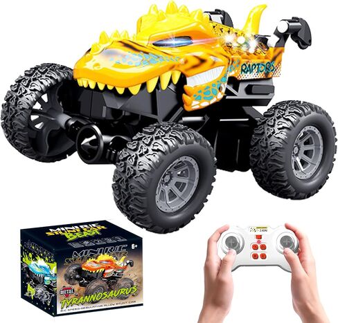 MOONTOY Dinosaur Remote Control Car, Mini Remote Control Truck with 360° Spins, 2.4GHz Rc Car with Lights and Rechargeable Batteries, Metal Body Monster Truck Toys for Kids and Adults(Yellow) in Kuwait