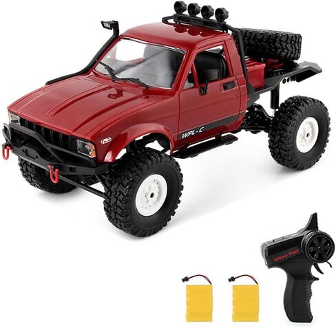 شاحنة GoolRC RC، WPL C14 RC Crawler 1/16 سيارة تحكم عن بعد، 4WD جميع التضاريس على الطرق الوعرة نصف شاحنة، سيارة تسلق RC بتردد 2.4 جيجا هرتز مع أضواء LED وبطاريتين للبالغين (أحمر) in Kuwait