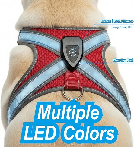 حزام للكلاب بإضاءة LED متعدد الألوان، عاكس للضوء، سترة أمان مضيئة للكلاب الأليفة (قابلة للتعديل، خفيفة الوزن، مقاومة للمطر، قابلة لإعادة الشحن عبر USB) (كبير) in Kuwait