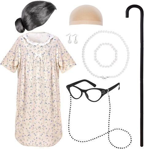 100 Days of School Costume Old Lady Costume School 100th Activity Suit Grandma Wig Granny Glasses Chain Necklace Dress in Saudi Arabia