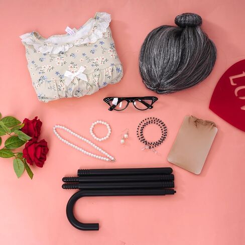 100 Days of School Costume Old Lady Costume School 100th Activity Suit Grandma Wig Granny Glasses Chain Necklace Dress in Saudi Arabia