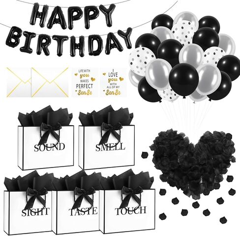 Epoesch 5 Senses Gift Bags for Him with Labels, Tissue Paper & Bow Ribbon | Happy Birthday Decorations Kit with Banner,Balloons, Rose Petals, Envelope, Card for Men, Women and Her (White with black trim) in Saudi Arabia