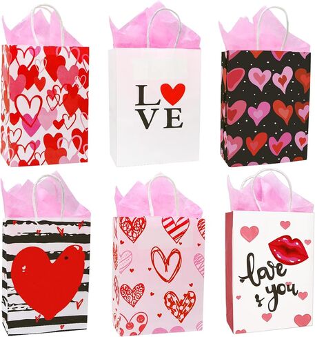 Tuzuaol 12 Pack Valentines Day Gift Bag with Tissue Paper for Kids Valentines Paper Goodie Bags with Handle for Wrapped Gifts Party Supplies in Saudi Arabia