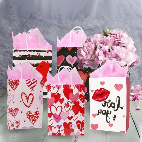 Tuzuaol 12 Pack Valentines Day Gift Bag with Tissue Paper for Kids Valentines Paper Goodie Bags with Handle for Wrapped Gifts Party Supplies in Saudi Arabia