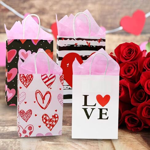 Tuzuaol 12 Pack Valentines Day Gift Bag with Tissue Paper for Kids Valentines Paper Goodie Bags with Handle for Wrapped Gifts Party Supplies in Saudi Arabia